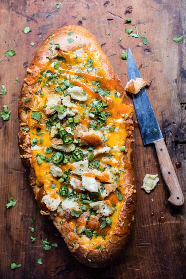 Cheesy Buffalo chicken stuffed French bread