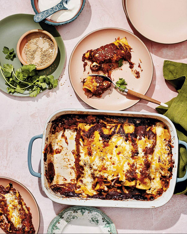 Cheesy cauliflower enchiladas with mole sauce