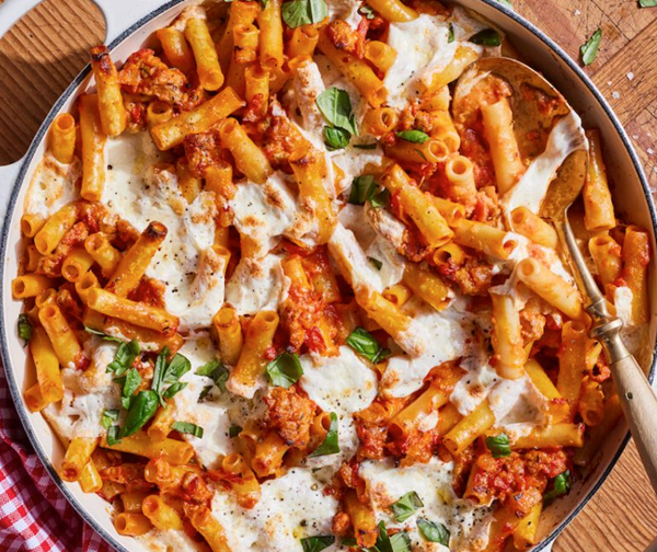 Cheesy chicken sausage pasta bake