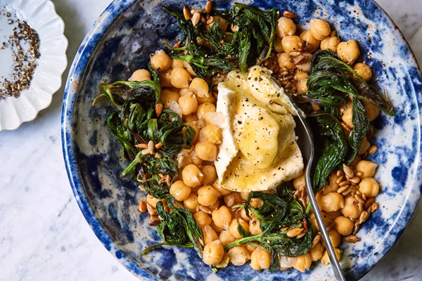 Cheesy chickpeas with stinging nettles