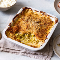 Cheesy chicory and Brussels sprout bake with rosemary crumb