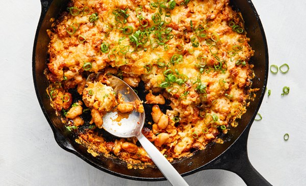Cheesy chile crisp white beans