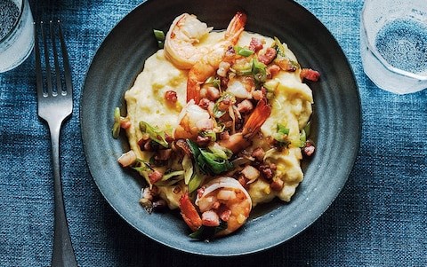 Cheesy corn polenta with spiced prawns