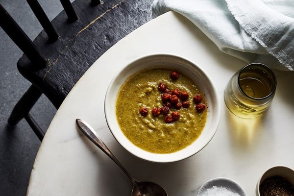 Cheesy cream of broccoli with smoky roasted chickpeas