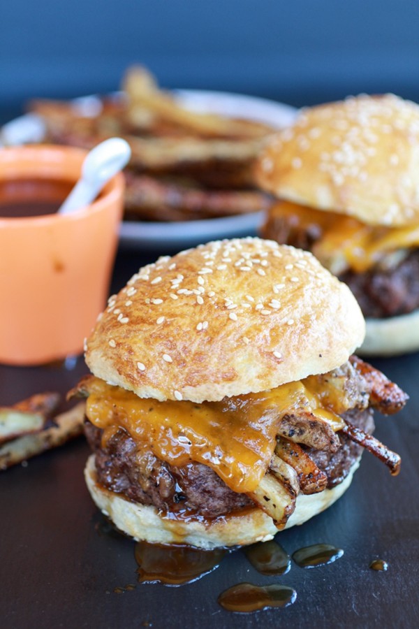 Cheesy French fry bourbon burgers