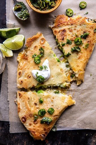 Cheesy green chile and avocado rice quesadillas