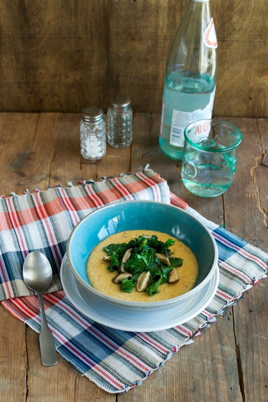 Cheesy grits and greens with smoky mushrooms