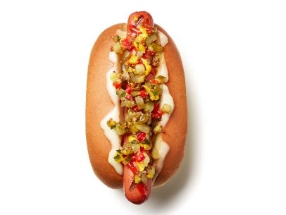 Cheesy hot dogs with pickle-pepper relish