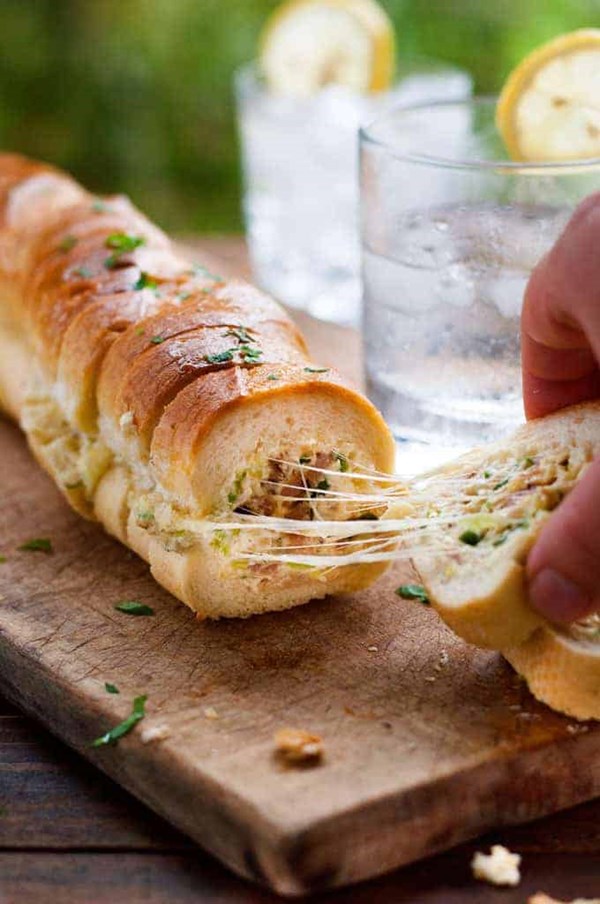 Cheesy jalapeno bacon stuffed baguette with garlic butter