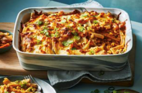 Cheesy kimchi corn pasta bake