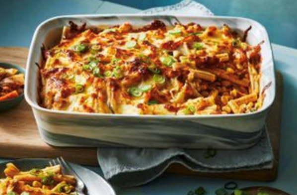 Cheesy kimchi corn pasta bake