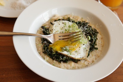 Cheesy mashed white beans with kale, Parmesan, and a fried egg