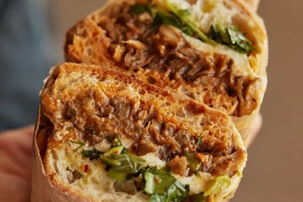 Cheesy mushroom sandwiches with Castelvetrano salsa verde