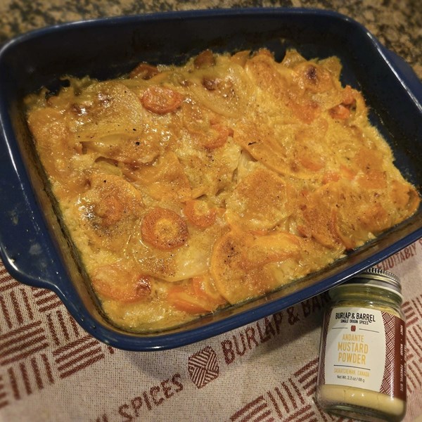 Cheesy, mustardy au gratin root vegetables