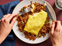 Cheesy omelet duvet with gochujang fried rice