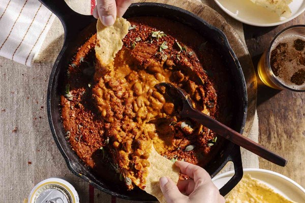 Cheesy pinto bean dip with chorizo and chiles