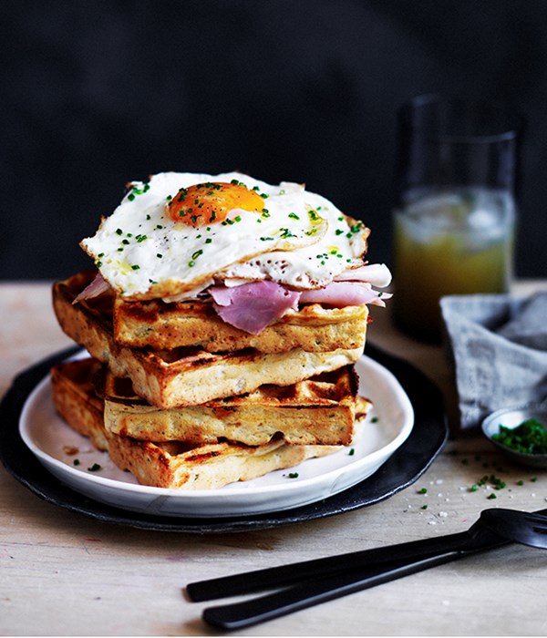 Cheesy polenta waffles with fried egg and ham