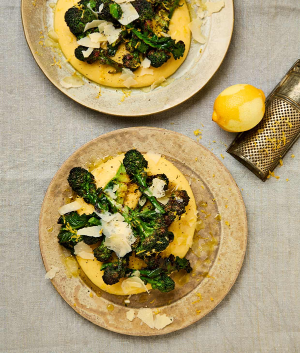 Cheesy polenta with charred purple sprouting broccoli, anchovy and lemon