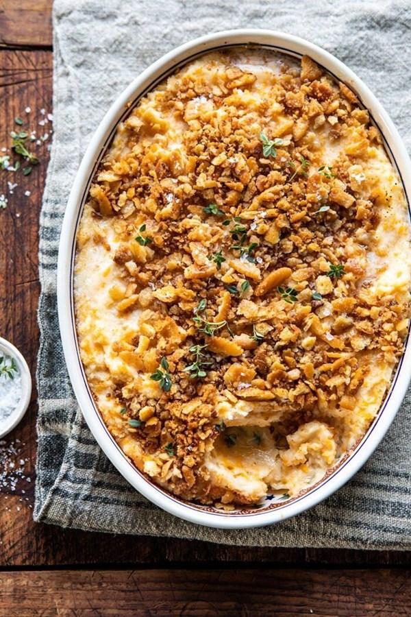 Cheesy potato casserole with buttery Ritz crackers