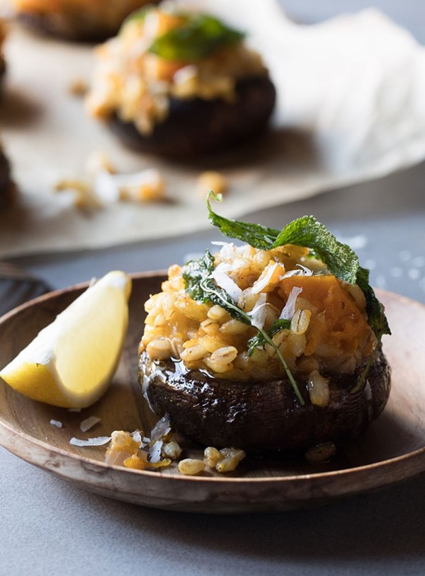 Cheesy risotto stuffed portobello with pumpkin and barley