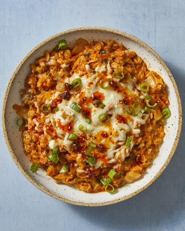 Cheesy, savory oatmeal with kimchi