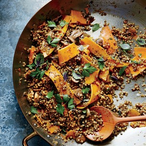 Cheesy sorghum and shaved squash pilaf