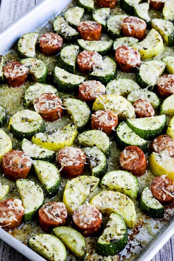Cheesy zucchini and sausage sheet pan meal