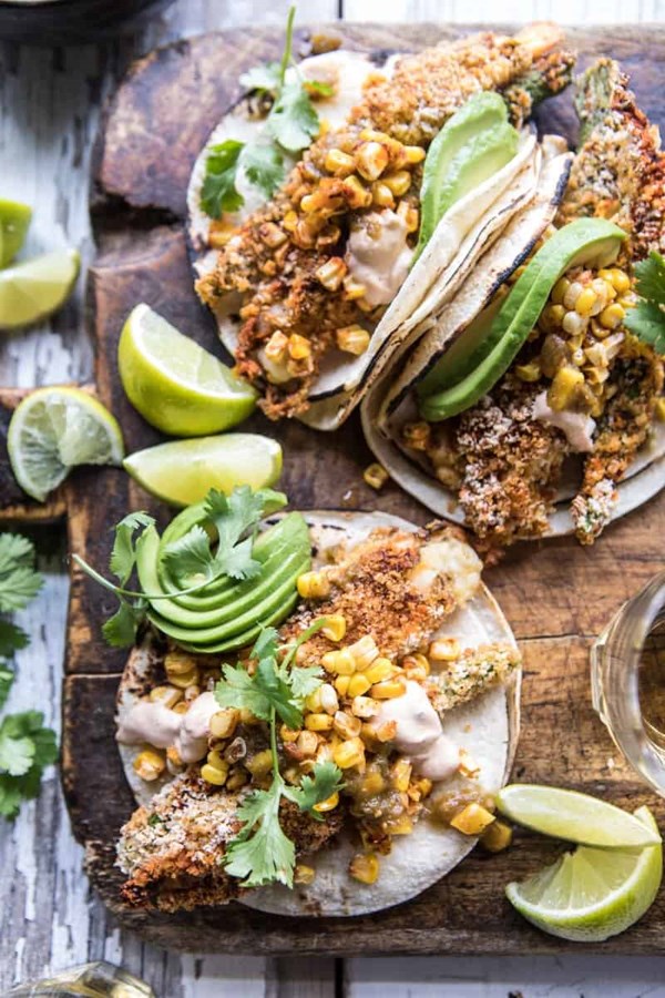 Cheesy zucchini roasted corn tacos with mango salsa verde