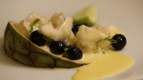 Cherimoya and blueberries with limoncello and runny custard