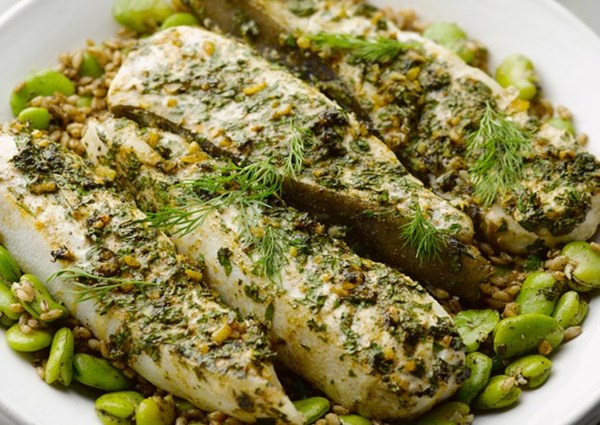 Chermoula-basted halibut with farro