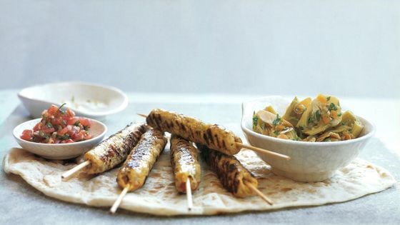 Chermoula burgers with minted harissa salsa and preserved lemon and artichoke salad