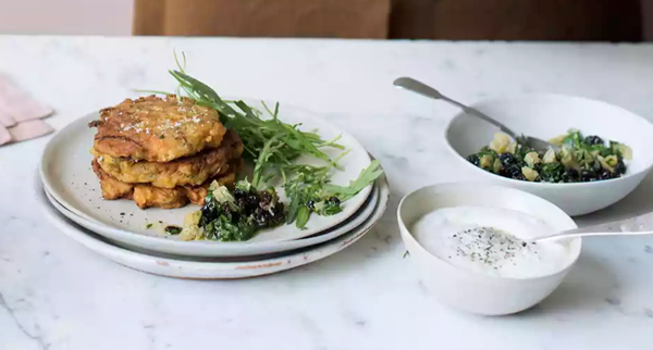 Chermoula, carrot and chickpea fritters with herb salsa
