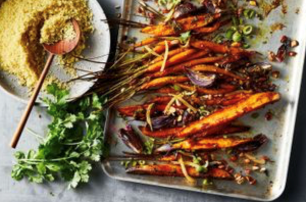 Chermoula carrot and sweet potato with green olives and almonds