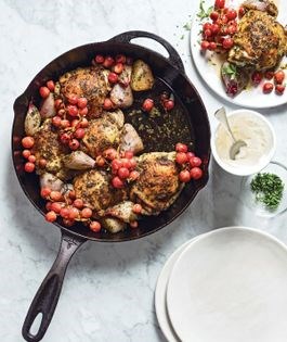 Chermoula chicken thighs with roasted grapes and shallots