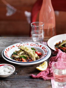 Chermoula flathead with eggplant and tahini yoghurt