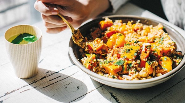 Chermoula-roasted orange vegetables with chickpeas and couscous