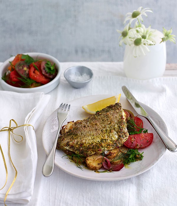 Chermoula snapper with lemon potatoes and tomato salad