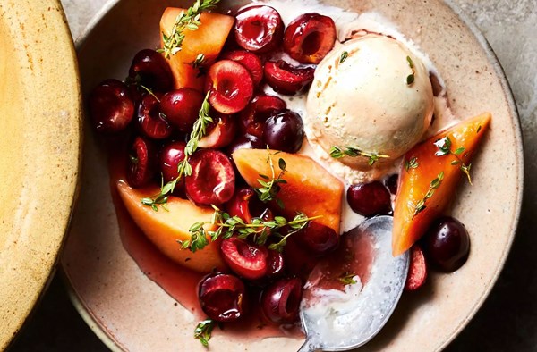 Cherries & melon in lemon thyme syrup