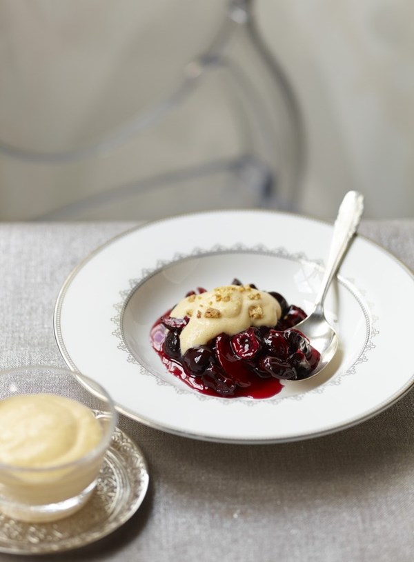 Cherries in kirsch with white chocolate mousse