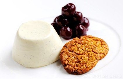 Cherries jubilee with vanilla and yoghurt panna cotta