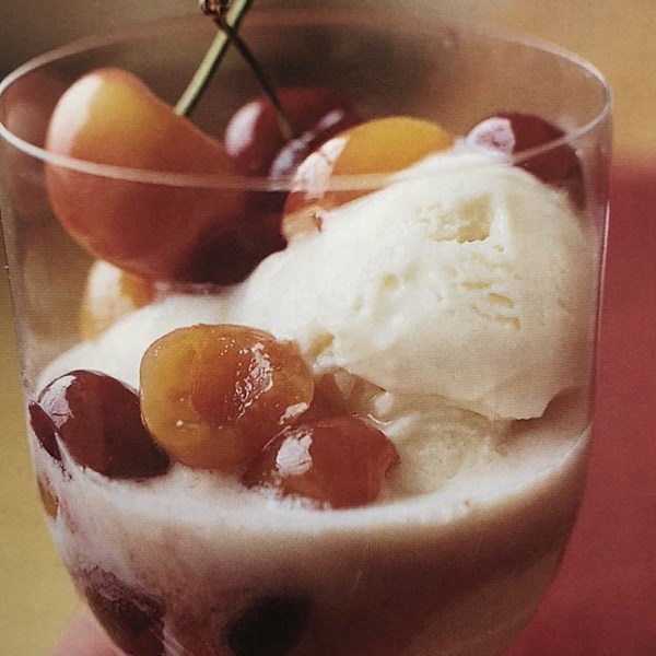 Cherries jubilee with vanilla frozen yogurt