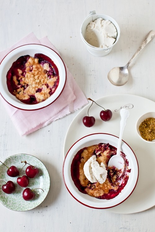 Cherry & plum crumbles with goat cheese ice cream