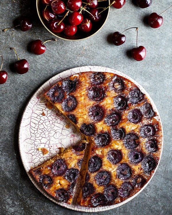 Cherry, almond and honey upside-down cake