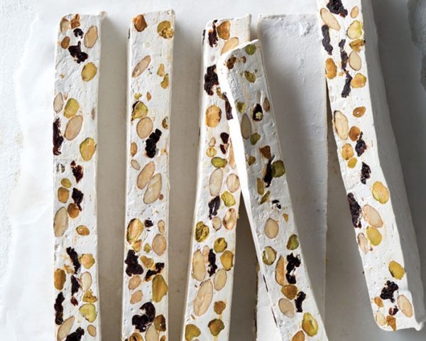 Cherry, almond, pistachio, and honey nougat