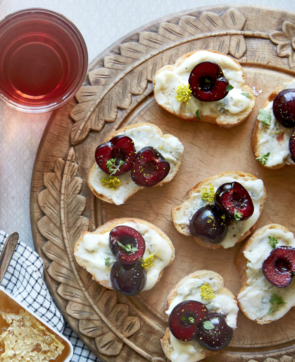Cherry and blue cheese crostini