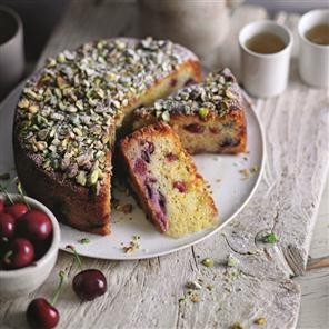 Cherry and marzipan cake with orange blossom syrup and toasted pistachios