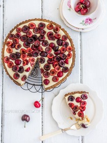 Cherry and vanilla white chocolate tart with a brown butter shell
