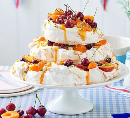 Cherry, apricot, peach & pistachio meringue stack