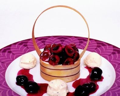 Cherry baskets with cherry compote and black pepper frozen yogurt
