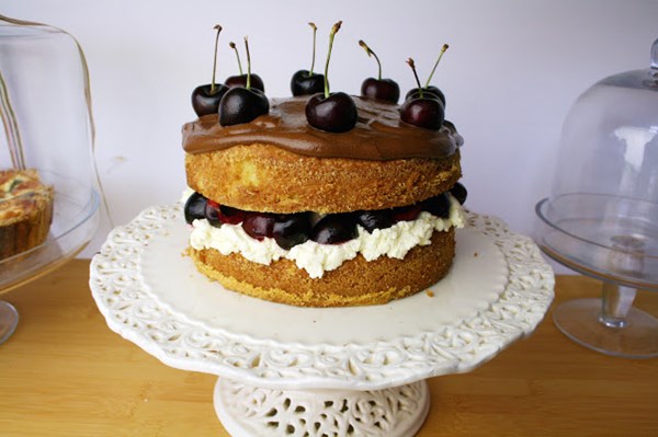 Cherry brandy sponge cake with chocolate ganache and cherry brandy cream 